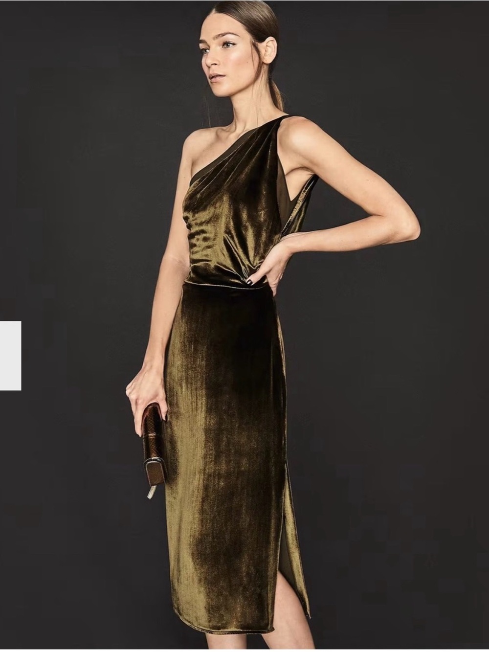 Reiss Eden Olive Silk Velvet One-Shoulder Midi Dress - Picture 2 of 7